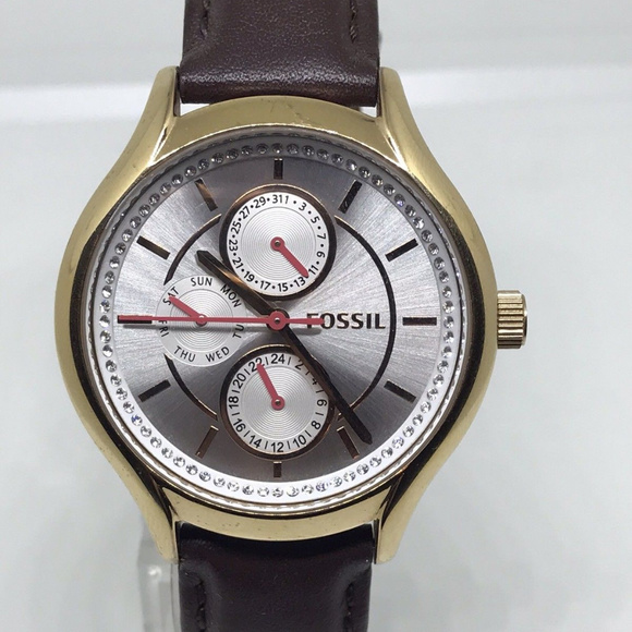 FOSSIL ROSE GOLD TONE,BROWN LEATHER BAND Watch - Picture 1 of 5